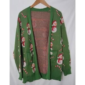 Boutique- Women's Green Snowman Cardigan Sweater- size Large/XL